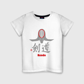 Детская футболка хлопок с принтом Кендо маска иероглиф в Новосибирске, 100% хлопок | круглый вырез горловины, полуприлегающий силуэт, длина до линии бедер | Тематика изображения на принте: kendo | иероглиф | кендо | кендо иероглиф | лого | маска