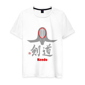 Мужская футболка хлопок с принтом Кендо маска иероглиф в Новосибирске, 100% хлопок | прямой крой, круглый вырез горловины, длина до линии бедер, слегка спущенное плечо. | kendo | иероглиф | кендо | кендо иероглиф | лого | маска