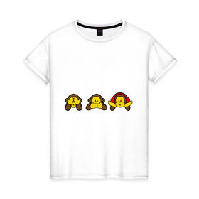 Женская футболка хлопок с принтом три обезьяны в Новосибирске, 100% хлопок | прямой крой, круглый вырез горловины, длина до линии бедер, слегка спущенное плечо | животные | макаки | обезьяна | обязьяны | шимпонзде