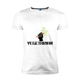 Мужская футболка премиум с принтом Vegetarian (Вегетерианство) в Новосибирске, 92% хлопок, 8% лайкра | приталенный силуэт, круглый вырез ворота, длина до линии бедра, короткий рукав | vegan | vegetarian | вегетарианец | вегетарианство | морковка | морковь | я вегетарианец