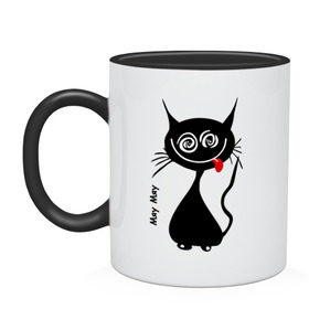 Кружка двухцветная с принтом Кошка Мяу в Новосибирске, керамика | объем — 330 мл, диаметр — 80 мм. Цветная ручка и кайма сверху, в некоторых цветах — вся внутренняя часть | кот | котенок | котик | кошка | кошка мяу | мяу | черная кошка | черный кот