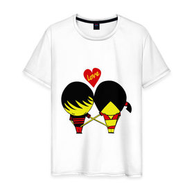 Мужская футболка хлопок с принтом Любовь в штанах в Новосибирске, 100% хлопок | прямой крой, круглый вырез горловины, длина до линии бедер, слегка спущенное плечо. | love | девочка | девочка и мальчик | девочка с мальчиком | любовь | мальчики | парочка | прикольные | сердечко | сердце | человечки