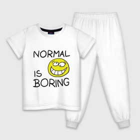 Детская пижама хлопок с принтом Normal is boring (Обыденность это скучно) в Новосибирске, 100% хлопок |  брюки и футболка прямого кроя, без карманов, на брюках мягкая резинка на поясе и по низу штанин
 | normal is boring | smile | обыденность это скучно | позитив | смайл | смайлик | смайлы