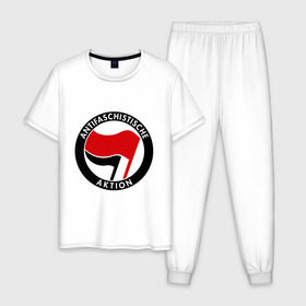 Мужская пижама хлопок с принтом Antifa (1) в Новосибирске, 100% хлопок | брюки и футболка прямого кроя, без карманов, на брюках мягкая резинка на поясе и по низу штанин
 | antifa | антифа | антифашизм | антифашистское движение | знак антифа | против фашизма | фашизм