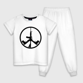 Детская пижама хлопок с принтом Мир из оружия в Новосибирске, 100% хлопок |  брюки и футболка прямого кроя, без карманов, на брюках мягкая резинка на поясе и по низу штанин
 | автомат | ак | знак | мир | оружие | пацифика | пистолет | символ мираб ак 47