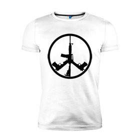 Мужская футболка премиум с принтом Мир из оружия в Новосибирске, 92% хлопок, 8% лайкра | приталенный силуэт, круглый вырез ворота, длина до линии бедра, короткий рукав | автомат | ак | знак | мир | оружие | пацифика | пистолет | символ мираб ак 47