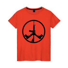 Женская футболка хлопок с принтом Мир из оружия в Новосибирске, 100% хлопок | прямой крой, круглый вырез горловины, длина до линии бедер, слегка спущенное плечо | автомат | ак | знак | мир | оружие | пацифика | пистолет | символ мираб ак 47