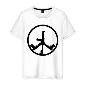 Мужская футболка хлопок с принтом Мир из оружия в Новосибирске, 100% хлопок | прямой крой, круглый вырез горловины, длина до линии бедер, слегка спущенное плечо. | автомат | ак | знак | мир | оружие | пацифика | пистолет | символ мираб ак 47