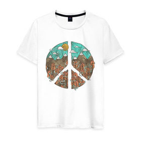 Мужская футболка хлопок с принтом Мир (Peace) в Новосибирске, 100% хлопок | прямой крой, круглый вырез горловины, длина до линии бедер, слегка спущенное плечо. | хиппи