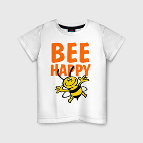Детская футболка хлопок с принтом BeeHappy в Новосибирске, 100% хлопок | круглый вырез горловины, полуприлегающий силуэт, длина до линии бедер | Тематика изображения на принте: веселая | насекомое | настроение | позитив | пчела | пчелка | счастливый | счастье | эмоции