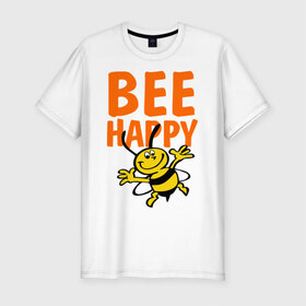 Мужская футболка премиум с принтом BeeHappy в Новосибирске, 92% хлопок, 8% лайкра | приталенный силуэт, круглый вырез ворота, длина до линии бедра, короткий рукав | веселая | насекомое | настроение | позитив | пчела | пчелка | счастливый | счастье | эмоции