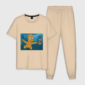 Мужская пижама хлопок с принтом Nevermind (Simpsons) в Новосибирске, 100% хлопок | брюки и футболка прямого кроя, без карманов, на брюках мягкая резинка на поясе и по низу штанин
 | nevermind | nevermind simpsons | nirvana | nirvana nevermind | rock | simpsons | нирвана | нирвана nevermind | нирвана симпсонс | ребенок | рок | символика nirvana | символика нирвана | симпсонс