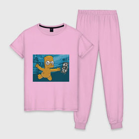 Женская пижама хлопок с принтом Nevermind (Simpsons) в Новосибирске, 100% хлопок | брюки и футболка прямого кроя, без карманов, на брюках мягкая резинка на поясе и по низу штанин | nevermind | nevermind simpsons | nirvana | nirvana nevermind | rock | simpsons | нирвана | нирвана nevermind | нирвана симпсонс | ребенок | рок | символика nirvana | символика нирвана | симпсонс
