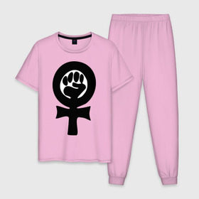 Мужская пижама хлопок с принтом эмблема феминизма в Новосибирске, 100% хлопок | брюки и футболка прямого кроя, без карманов, на брюках мягкая резинка на поясе и по низу штанин
 | женщины | кулак | мужчины | отношения | феминистка