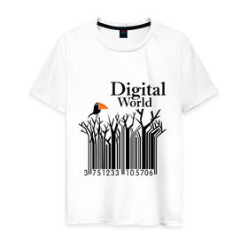 Мужская футболка хлопок с принтом Digital World в Новосибирске, 100% хлопок | прямой крой, круглый вырез горловины, длина до линии бедер, слегка спущенное плечо. | Тематика изображения на принте: digital world | деревья | птица | птичка | цифра | цифровой мир | штриф код | штрих код | штрихкод