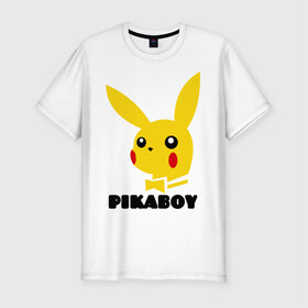 Мужская футболка премиум с принтом PikaBoy в Новосибирске, 92% хлопок, 8% лайкра | приталенный силуэт, круглый вырез ворота, длина до линии бедра, короткий рукав | pickachu | pikaboy | playboy | pockemon | антибренд | пикабой | пикачу | плейбой | покемон