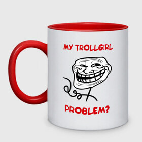 Кружка двухцветная с принтом Trollcouple (мужская) в Новосибирске, керамика | объем — 330 мл, диаметр — 80 мм. Цветная ручка и кайма сверху, в некоторых цветах — вся внутренняя часть | face | my trollgirl | problem | troll | trollface | trollgirl | интернет  приколы | мем | мемы | мемы интернета | тролфейс | троль | трольгерл