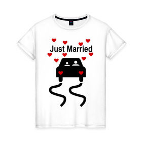 Женская футболка хлопок с принтом Молодожены в машине в Новосибирске, 100% хлопок | прямой крой, круглый вырез горловины, длина до линии бедер, слегка спущенное плечо | брак | жена | жениться | жених | любовь | муж | невеста | свадьба | семья | сердечки | сердца | супруга