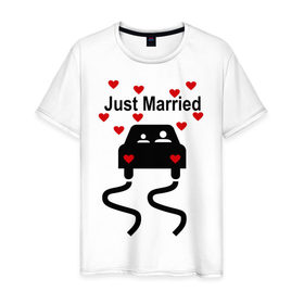 Мужская футболка хлопок с принтом Молодожены в машине в Новосибирске, 100% хлопок | прямой крой, круглый вырез горловины, длина до линии бедер, слегка спущенное плечо. | брак | жена | жениться | жених | любовь | муж | невеста | свадьба | семья | сердечки | сердца | супруга