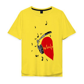 Мужская футболка хлопок Oversize с принтом Сердце в наушниках на двоих в Новосибирске, 100% хлопок | свободный крой, круглый ворот, “спинка” длиннее передней части | влюбленным | вместе | для влюбленных | звуки | любовь | музыка | наушники | отношения | парные | пульс | сердце
