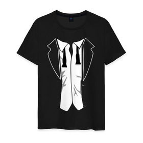 Мужская футболка хлопок с принтом Костюм с развязанной бабочкой в Новосибирске, 100% хлопок | прямой крой, круглый вырез горловины, длина до линии бедер, слегка спущенное плечо. | Тематика изображения на принте: бабочка | смокинг