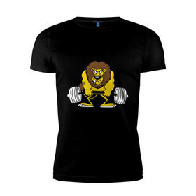 Мужская футболка премиум с принтом Лев Powerlifting в Новосибирске, 92% хлопок, 8% лайкра | приталенный силуэт, круглый вырез ворота, длина до линии бедра, короткий рукав | бодибилдинг | гантеля | кач | качалочка | качок | лев | мускулы | мышцы | пауэрлифтинг | тренажерка