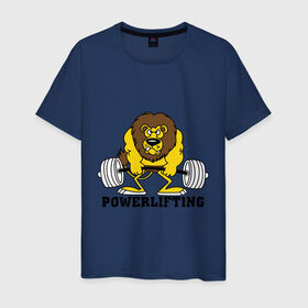 Мужская футболка хлопок с принтом Лев Powerlifting в Новосибирске, 100% хлопок | прямой крой, круглый вырез горловины, длина до линии бедер, слегка спущенное плечо. | бодибилдинг | гантеля | кач | качалочка | качок | лев | мускулы | мышцы | пауэрлифтинг | тренажерка