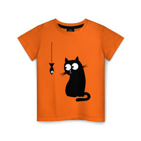 Детская футболка хлопок с принтом Кот и рыба в Новосибирске, 100% хлопок | круглый вырез горловины, полуприлегающий силуэт, длина до линии бедер | киса | киска | котенок | котик | котэ | кошка | рыбка