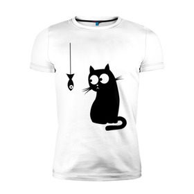 Мужская футболка премиум с принтом Кот и рыба в Новосибирске, 92% хлопок, 8% лайкра | приталенный силуэт, круглый вырез ворота, длина до линии бедра, короткий рукав | киса | киска | котенок | котик | котэ | кошка | рыбка