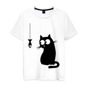 Мужская футболка хлопок с принтом Кот и рыба в Новосибирске, 100% хлопок | прямой крой, круглый вырез горловины, длина до линии бедер, слегка спущенное плечо. | киса | киска | котенок | котик | котэ | кошка | рыбка