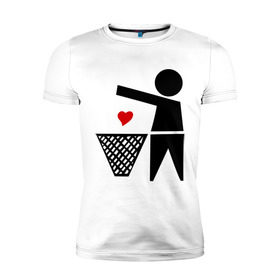 Мужская футболка премиум с принтом сердце в мусорку в Новосибирске, 92% хлопок, 8% лайкра | приталенный силуэт, круглый вырез ворота, длина до линии бедра, короткий рукав | выбросить | личная жизнь | любовь | мусорка | отношения | разбитое сердце | чувства