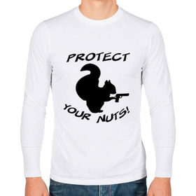 Мужской лонгслив хлопок с принтом Protect your nuts в Новосибирске, 100% хлопок |  | Тематика изображения на принте: белка | белочка | вооруженная | защищай | зверь | орехи | оружие | пистолет | свои