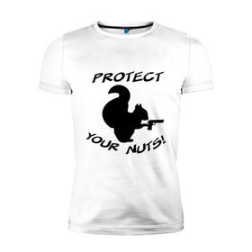 Мужская футболка премиум с принтом Protect your nuts в Новосибирске, 92% хлопок, 8% лайкра | приталенный силуэт, круглый вырез ворота, длина до линии бедра, короткий рукав | Тематика изображения на принте: белка | белочка | вооруженная | защищай | зверь | орехи | оружие | пистолет | свои