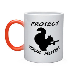 Кружка хамелеон с принтом Protect your nuts в Новосибирске, керамика | меняет цвет при нагревании, емкость 330 мл | белка | белочка | вооруженная | защищай | зверь | орехи | оружие | пистолет | свои