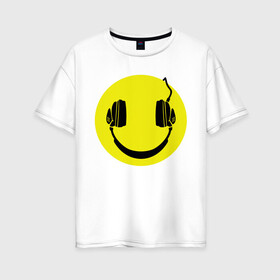Женская футболка хлопок Oversize с принтом Смайлик-наушники в Новосибирске, 100% хлопок | свободный крой, круглый ворот, спущенный рукав, длина до линии бедер
 | smile | наушники | смайл | смайлик | смайлики | улыбка