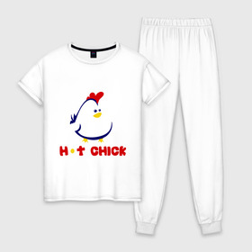 Женская пижама хлопок с принтом Hot Chick в Новосибирске, 100% хлопок | брюки и футболка прямого кроя, без карманов, на брюках мягкая резинка на поясе и по низу штанин | горячая | курица | курочка | цыпленок | чика
