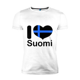 Мужская футболка премиум с принтом Love Suomi в Новосибирске, 92% хлопок, 8% лайкра | приталенный силуэт, круглый вырез ворота, длина до линии бедра, короткий рукав | Тематика изображения на принте: suomi | курорты | курорты финляндии | люблю финляндию | отдых | финляндия