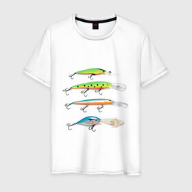 Мужская футболка хлопок с принтом Приманки в Новосибирске, 100% хлопок | прямой крой, круглый вырез горловины, длина до линии бедер, слегка спущенное плечо. | для рыбаков | крючок | наживка | наживки | приманка | рыба | рыбак | рыбакам | рыбалка