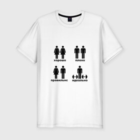 Мужская футболка премиум с принтом Идеальная пара в Новосибирске, 92% хлопок, 8% лайкра | приталенный силуэт, круглый вырез ворота, длина до линии бедра, короткий рукав | гантели | идеально | спорт | хорошо | человечки | штанга