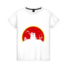 Женская футболка хлопок с принтом Любовь и солнце в Новосибирске, 100% хлопок | прямой крой, круглый вырез горловины, длина до линии бедер, слегка спущенное плечо | закат | кошки | любовь | солнце