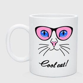 Кружка с принтом Кошка в очках (крутая кошка) в Новосибирске, керамика | объем — 330 мл, диаметр — 80 мм. Принт наносится на бока кружки, можно сделать два разных изображения | Тематика изображения на принте: cool cat | девушкам | киса | кот | котенок | котик | кошка | кошка в очках | крутая кошка | кул кэт | пафос