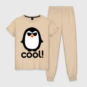 Женская пижама хлопок с принтом Стильный клевый крутой пингвин в Новосибирске, 100% хлопок | брюки и футболка прямого кроя, без карманов, на брюках мягкая резинка на поясе и по низу штанин | пингвин