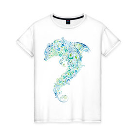 Женская футболка хлопок с принтом Абстрактный дельфин в Новосибирске, 100% хлопок | прямой крой, круглый вырез горловины, длина до линии бедер, слегка спущенное плечо | абстрактный дельфин | дельфин | животные | морские животные | орнамент | рисунок | цветочный орнамент