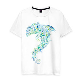 Мужская футболка хлопок с принтом Абстрактный дельфин в Новосибирске, 100% хлопок | прямой крой, круглый вырез горловины, длина до линии бедер, слегка спущенное плечо. | абстрактный дельфин | дельфин | животные | морские животные | орнамент | рисунок | цветочный орнамент