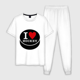 Мужская пижама хлопок с принтом Я люблю хоккей (шайба) в Новосибирске, 100% хлопок | брюки и футболка прямого кроя, без карманов, на брюках мягкая резинка на поясе и по низу штанин
 | hockey | hokey | hokkey | матч | спорт | спортивный | хокей | хоккеист | чемпионат