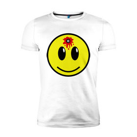 Мужская футболка премиум с принтом Убитый смайлик в Новосибирске, 92% хлопок, 8% лайкра | приталенный силуэт, круглый вырез ворота, длина до линии бедра, короткий рукав | smile | кровища | кровь | пуля | смайл | смайлик | улыбка