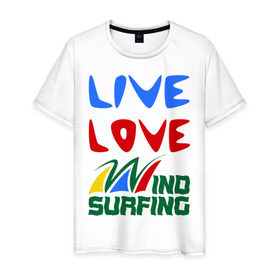 Мужская футболка хлопок с принтом Виндсерфинг в Новосибирске, 100% хлопок | прямой крой, круглый вырез горловины, длина до линии бедер, слегка спущенное плечо. | Тематика изображения на принте: live | love | sport | wind surfing | windsurfing | экстремальный | экстрим