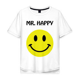 Мужская футболка хлопок Oversize с принтом мистер счастье в Новосибирске, 100% хлопок | свободный крой, круглый ворот, “спинка” длиннее передней части | happy | mr. happy | smile | мистер хэппи | рожица | смайл | смайлик | счастье