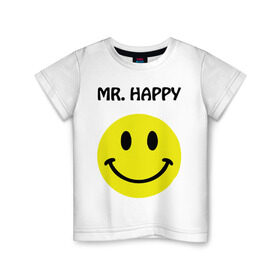 Детская футболка хлопок с принтом мистер счастье в Новосибирске, 100% хлопок | круглый вырез горловины, полуприлегающий силуэт, длина до линии бедер | Тематика изображения на принте: happy | mr. happy | smile | мистер хэппи | рожица | смайл | смайлик | счастье