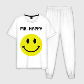 Мужская пижама хлопок с принтом мистер счастье в Новосибирске, 100% хлопок | брюки и футболка прямого кроя, без карманов, на брюках мягкая резинка на поясе и по низу штанин
 | Тематика изображения на принте: happy | mr. happy | smile | мистер хэппи | рожица | смайл | смайлик | счастье